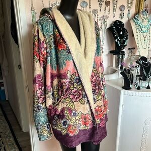 Johnny Was Open Front Hooded Sherpa Sweater Jacket